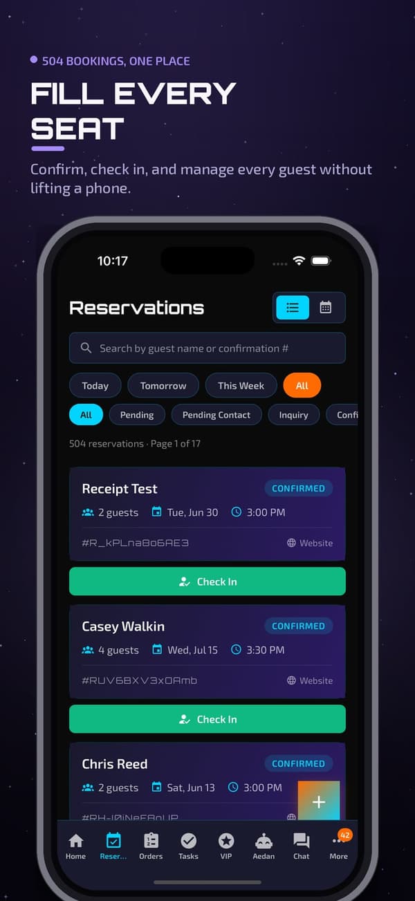 Aedan Rose app: reservations with confirm and check-in