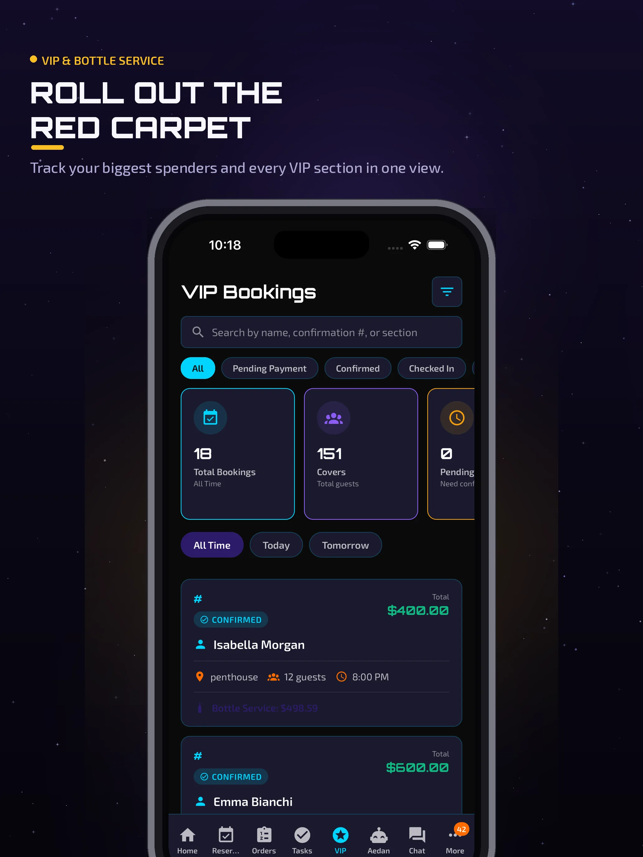 Aedan Rose VIP section booking screen on an iPad showing reserved sections and bottle-service deposits