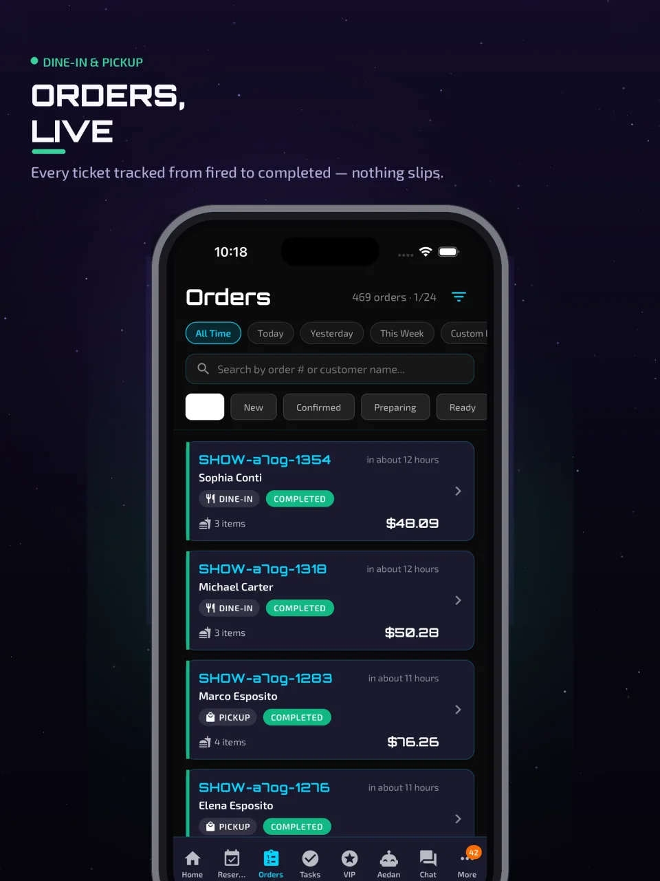 Aedan Rose online orders dashboard on an iPad showing incoming orders, items, and totals flowing in from the guest AI ordering widget