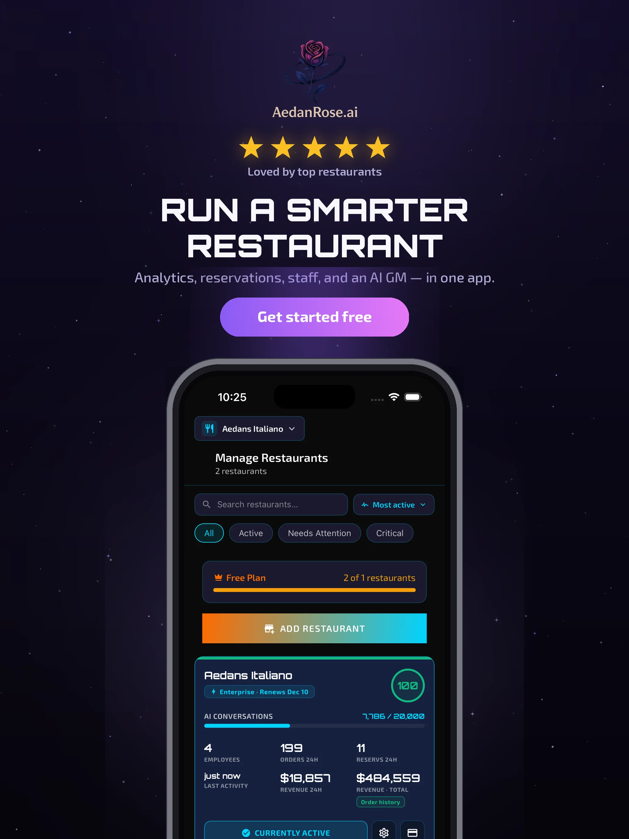 Aedan Rose guest conversations view on an iPad, with the AI answering diner questions and capturing bookings in real time