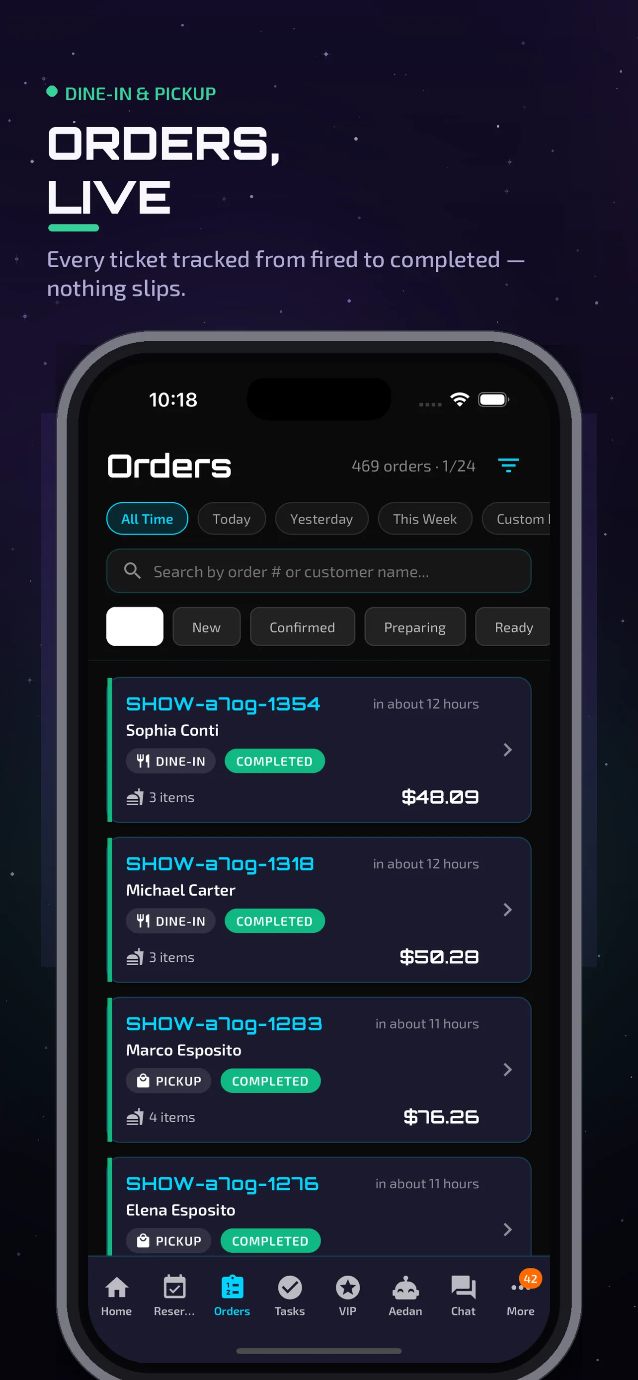 Aedan Rose ordering view on an iPhone, showing a guest ordering directly after the AI answered their ingredient and dietary questions