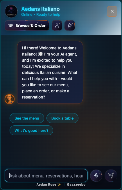 Aedan Rose guest widget welcoming a diner to Aedans Italiano with menu and reservation actions